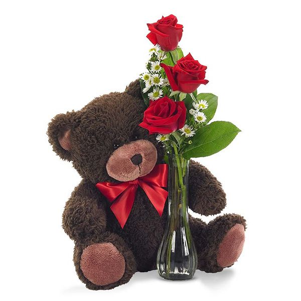 3 Red Roses and Teddy Bear Resim 1