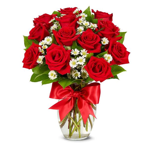 12 Red Roses and Daisies in Vase Resim 2