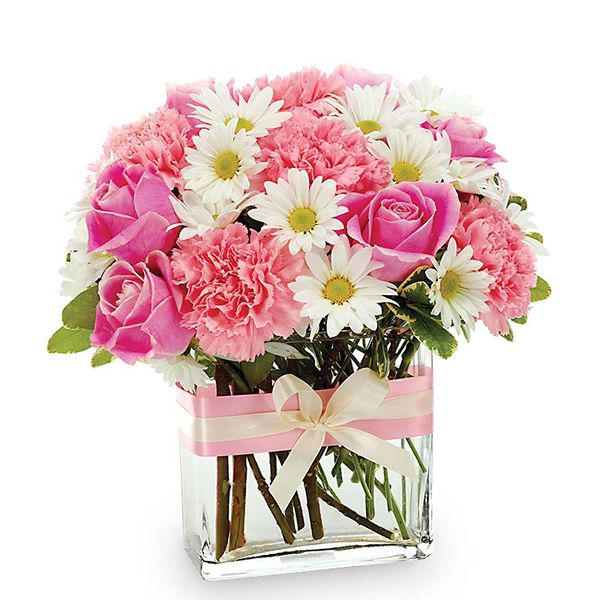  Pink and White Flowers in a Square Vase Resim 2
